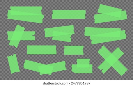 Vector set of green transparent adhesive tape. Duct tape strip. Torn pieces of masking tape isolated on transparent background. 