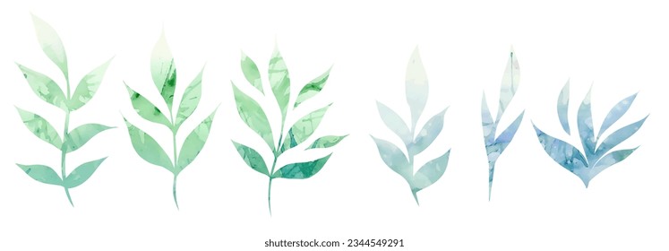 Vector set of green watercolor silhouettes of branches with foliage isolated from background. Colorful herbal collection for logos, icons and your design