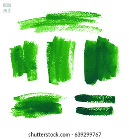 Vector set of greenery watercolor hand painted texture backgrounds isolated on white. Abstract collection of green acrylic dry brush strokes, stains, spots, blots, lines. Creative grunge illustration