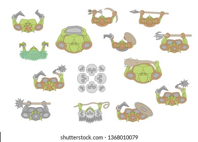 Vector set. Green-skinned monsters. Top view. Goblins, orcs, trolls with weapons. View from above.