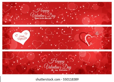 Vector set of greeting bookmarks for Valentine's Day on the abstract red background with hearts, radiance, snow, stars.