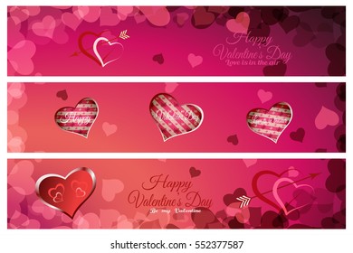 Vector set of greeting bookmarks for Valentine's Day on the abstract red and pink background with heart shape and text.