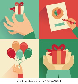 Vector set of greeting card in flat retro style