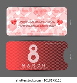 Vector set of greeting card for Happy Woman's Day with case and insert on the light red background with heart and line pattern.