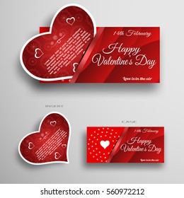 Vector set of greeting card insert in case with red wave pattern and stripe on the gray background.