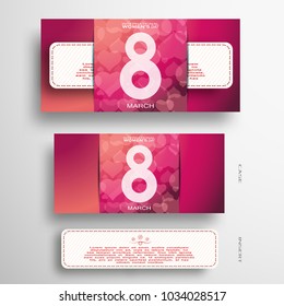 Vector set of greeting card for International Women's Day with white insert with stitches, red pattern in center with number on the gray gradient background with shadow.