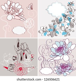 Vector set of greeting card and  invitation. Vector illustration with ornamental lilly, dahlia,  iris and roses flowers.