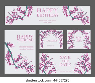 a vector set of greeting card or invitation templates;  floral poster; cherry sakura hand drawn on basis of traditional Chinese or Japanese calligraphy sumi-e. For weddings and save the date