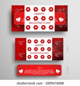 Vector set of greeting card for Valentine's Day with red insert in case with pattern of hexagons and hearts on the gradient gray background with shadow.