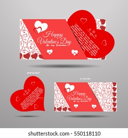 Vector set of greeting card for Valentine's Day with insert and red floral pattern on the gray background.