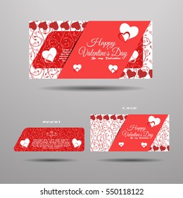 Vector set of greeting card for Valentine's Day with insert and red pattern on the gray background.