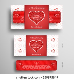 Vector set of greeting card for Valentine's Day with insert stripe and red pattern on the gray gradient background.