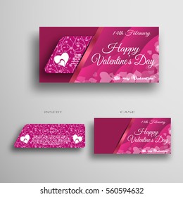 Vector set of greeting card for Valentine's Day insert in case with gradient pink waves pattern and stripe on the gray background.