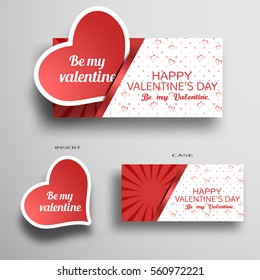 Vector set of greeting card for Valentine's Day insert in case with light pattern from hearts and stripe on the gray background.