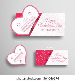 Vector set of greeting card for Valentine's Day insert in case with light pattern and stripe on the gradient gray background.