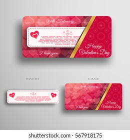 Vector set of greeting card for Valentine's Day insert in case with gold stripe and red pattern from hearts on the gray gradient background.