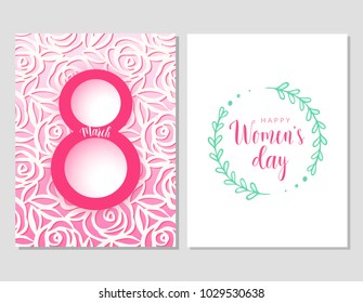 Vector set of greeting cards for 8 March. International Women's day. Pattern with roses. Digital art, roses origami, Paper cut pink design and 8. Green floral branch. Vector illustration. 8 March.