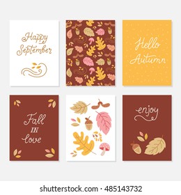 Vector set of greeting cards with autumn elements and lettering. Happy September, hello autumn, fall in love, enjoy - phrases set. Monoline calligraphy quote card collection.