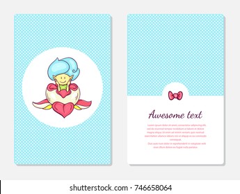 Vector set of greeting cards cartoon cute light blue with a little elf in a flower. Girly and kids fantasy theme. Poster, banner, flyer template decoration. Simple design style with polka dot pattern.