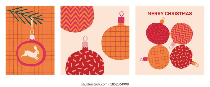 Juego de vectores de diseño de tarjetas de felicitación con juguetes texturados de árbol de Navidad