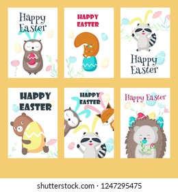 Vector set of greeting cards with Easter animals, paschal eggs, flowers and Happy Easter lettering. Spring holiday celebration poster design templates.