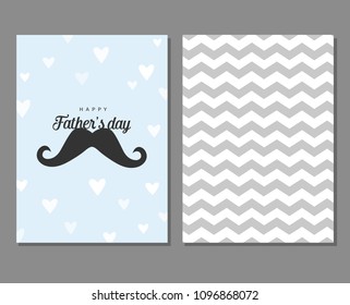 Vector set of greeting cards for Father's day. Card with mustache, hearts and geometric gray pattern. Simple, stylish vintage design for men. Happy Father's Day. Love Father concept.