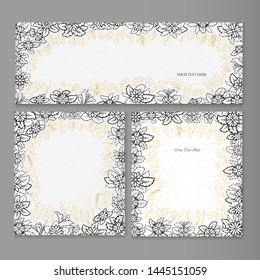 Vector set of greeting cards with flowers and golden plants on gray background