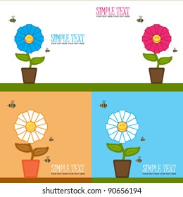 Vector set of  greeting cards with funny flower and bee.