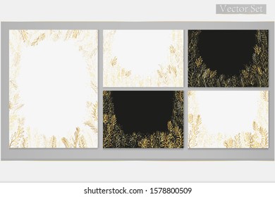 Vector set of greeting cards with golden plants and twigs on a white and black background with place for text.