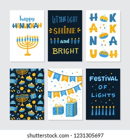 Vector set of greeting cards for Hanukkah with holiday lettering and design elements. Menorah, candles, donuts, garland, cupcake, candles and Jewish star.