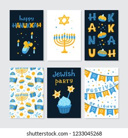 Vector set of greeting cards for Hanukkah with holiday lettering and design elements. Menorah, candles, donuts, garland, cupcake, candles and Jewish star.