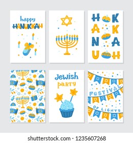 Vector set of greeting cards for Hanukkah with holiday lettering and design elements. Menorah, candles, donuts, garland, cupcake, candles and Jewish star.