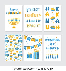 Vector set of greeting cards for Hanukkah with holiday lettering and design elements. Menorah, candles, donuts, garland, cupcake, candles and Jewish star.