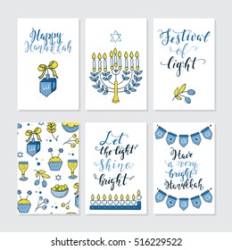 Vector set of greeting cards for Hanukkah with holiday lettering and design elements. 