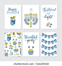 Vector set of greeting cards for Hanukkah with holiday lettering and design elements.