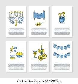 Vector set of greeting cards for Hanukkah with holiday lettering and design elements. 
