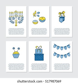 Vector set of greeting cards for Hanukkah with text and design elements. Menorah, candles, donuts, garland, cupcake, gifts, dreidel, and Jewish star.