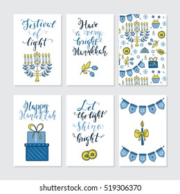 Vector set of greeting cards for Hanukkah with holiday lettering and design elements. Menorah, candles, donuts, garland,  cupcake, gifts, candles, dreidel, coins, sufganiyan  and Jewish star.