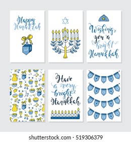 Vector set of greeting cards for Hanukkah with holiday lettering and design elements. Menorah, candles, donuts, garland, bow, cupcake, candles  and Jewish star.