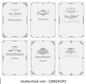 Vector set of greeting Cards for Happy Birthday. Postcards template with inscriptions and ornaments. Composition of vintage elements for banners, electronic cards, printed invitations. 
