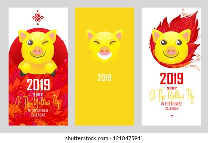 Vector set a greeting cards with illustration of kawaii pig, symbol of 2019 on the Chinese calendar. Porky, money packet with red pattern isolated. Element for New Year's design. Used for greetings.