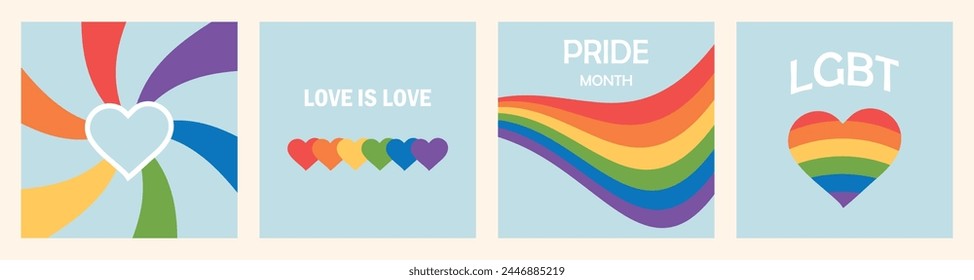 Vector set of greeting cards for LGBT Pride Month. Social media post collection.