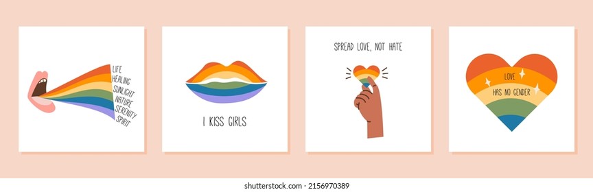 Vector set of greeting cards for LGBTQ Pride Month. Social media posts with queer slogans, phrases and quotes. A hand gesture, heart with rainbow flag colors, lips and mouth with meaning of LGBT flag.