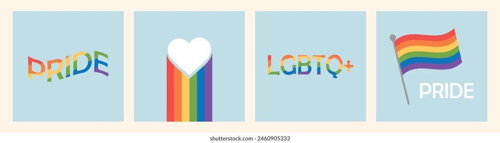 Vector set of greeting cards for LGBTQ Pride Month. Poster with LGBT rainbow flag, heart and love. Gay parade. Flat style Illustration.