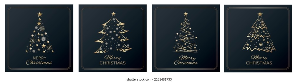 Vector set of greeting cards merry christmas with golden christmas trees on dark background. Collection of greeting cards printable template