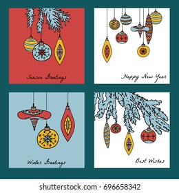 a vector set of greeting cards for New Year and Christmas winter holidays; with Christmas tree ornaments and twigs; vintage retro doodle square posters; hand drawn decorative elements