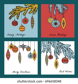 a vector set of greeting cards for New Year and Christmas winter holidays; with Christmas tree ornaments and twigs; vintage retro doodle square posters; hand drawn decorative elements