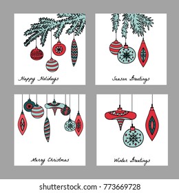a vector set of greeting cards for New Year and Christmas winter holidays; with Christmas tree ornaments and twigs; vintage retro doodle square posters; hand drawn decorative elements