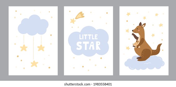 Vektorset mit Grußkarten und Poster für Kindergarten. Mutter kangaroo mit ihrem Baby, Wolken und Sternen. Letternder kleiner Stern. Handgezeichnetes Cartoon-Tier. Vektorgrafik.