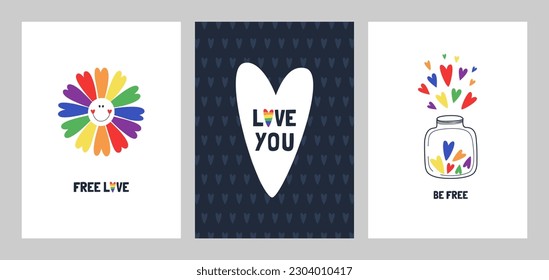 Vector set of greeting cards for pride month. LGBTQ illustration. Greeting card, poster, banner.